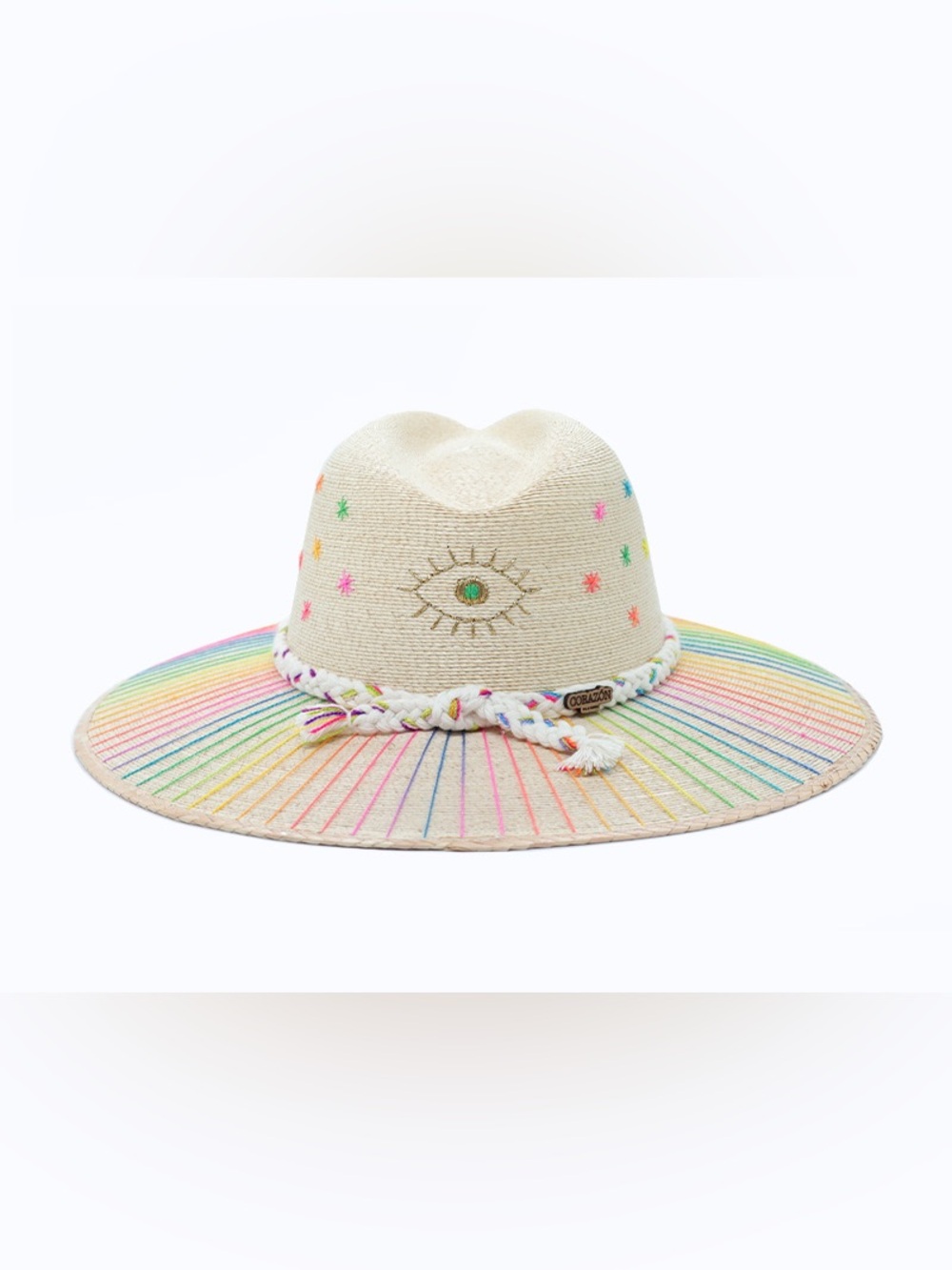 Corazón Playero Cream Embroidered Evil Eye Confetti Straw Hat with Rainbow Trim